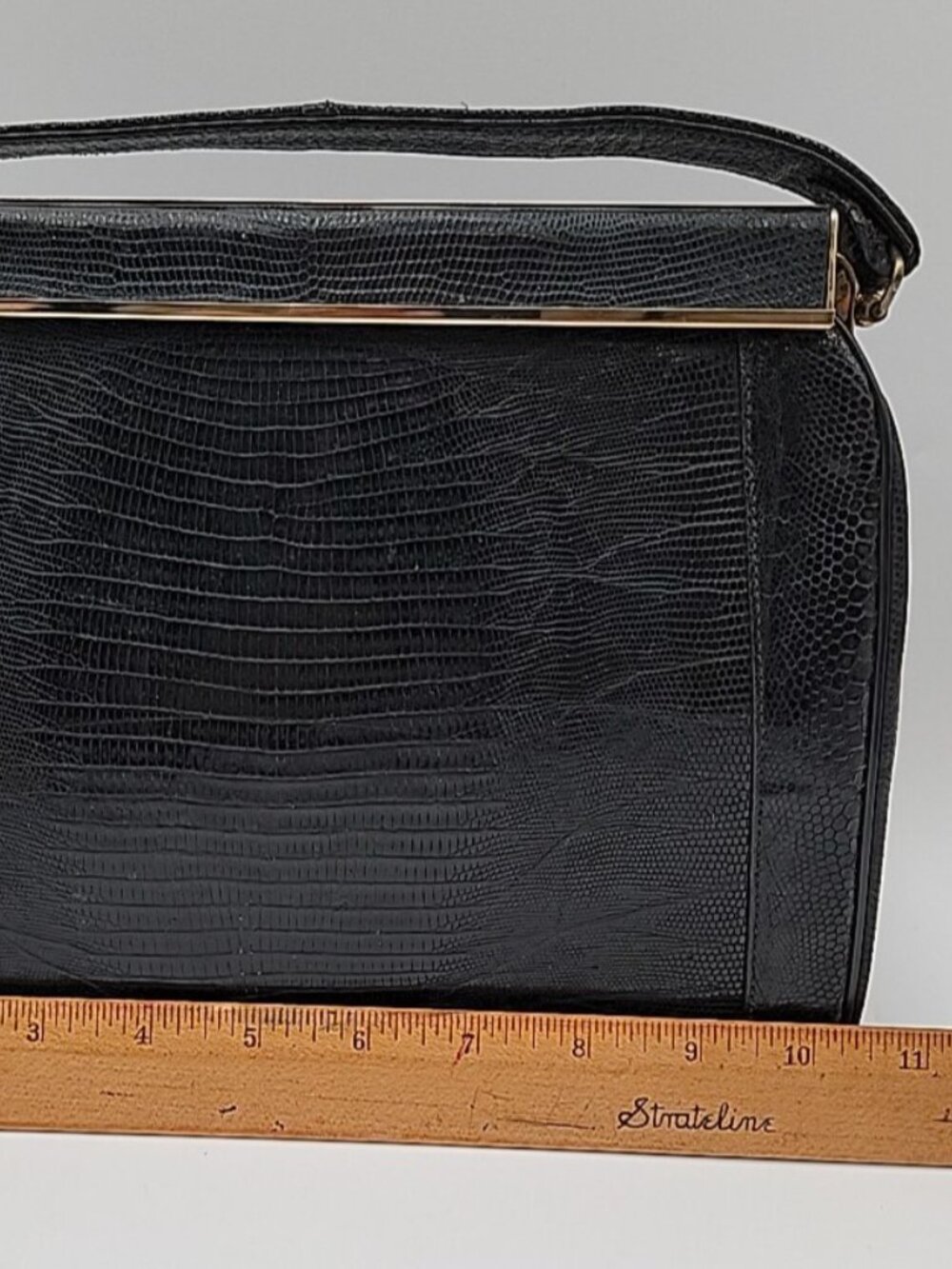Vintage Sterling USA Black Genuine Lizard Skin Handbag Mid Century Frame Purse - Picture 4 of 16